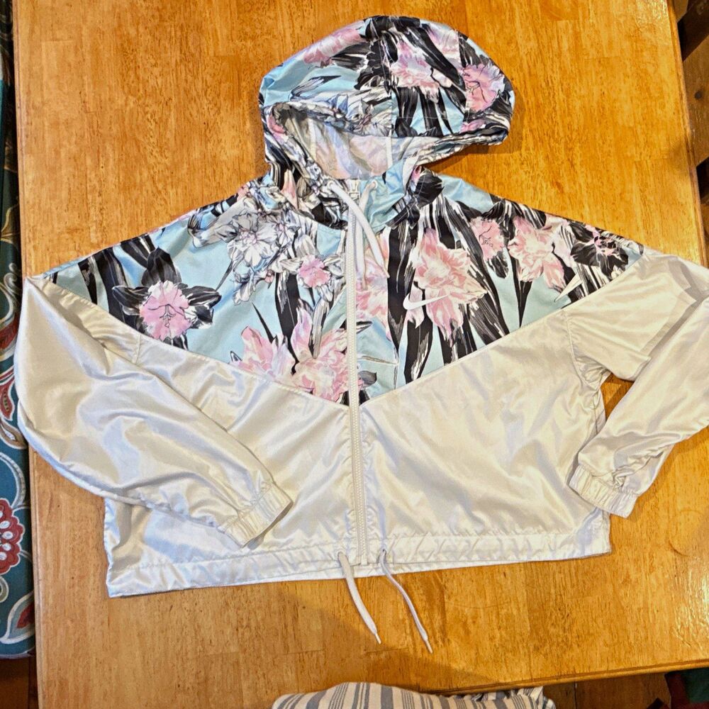 Nike Women's Floral Hooded Windbreaker Jacket Full Zip Cropped White Size L